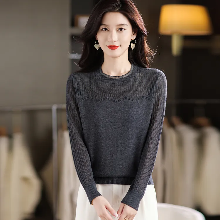 哥弟阿玛施正针织衫女士镂空毛衣秋装2025新款薄款羊毛打底衫上衣