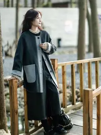 复古新款高端圆领手工双面双穿拼色羊绒大衣女中长款毛呢外套