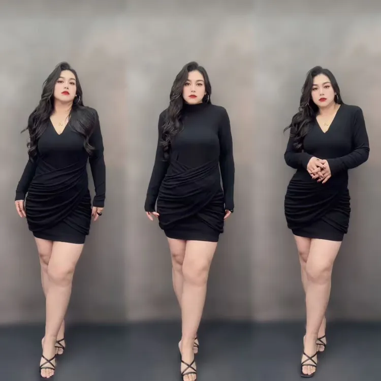 宋美人[微醺特调】大码女装新款气质交叉收腰压褶连衣裙