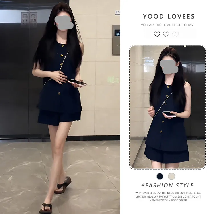 韩系穿搭一整套装女夏季无袖背心马甲衬衫阔腿短裤盐系减龄两件套