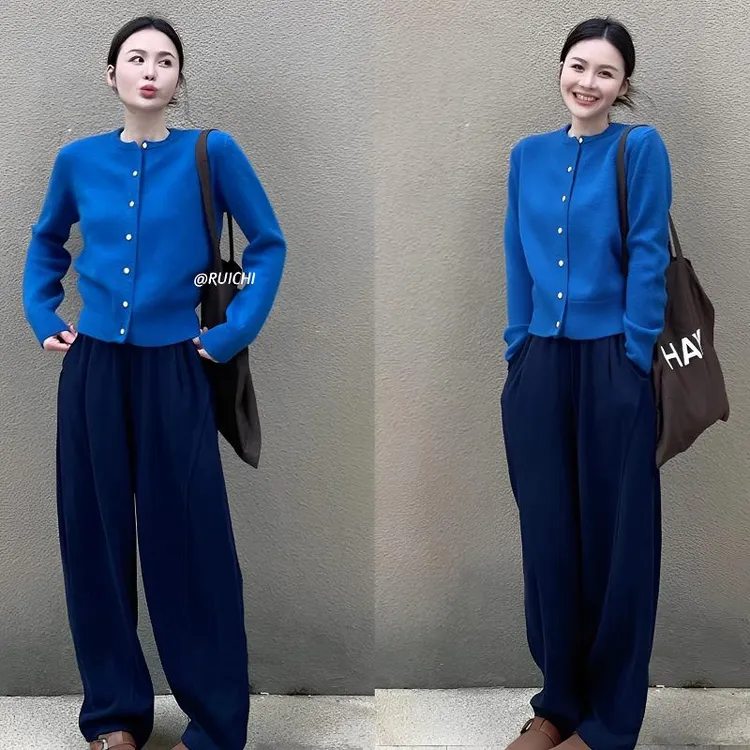 早秋女装新款洋气2025克莱因蓝圆领单排扣针织开衫外套长袖上衣女