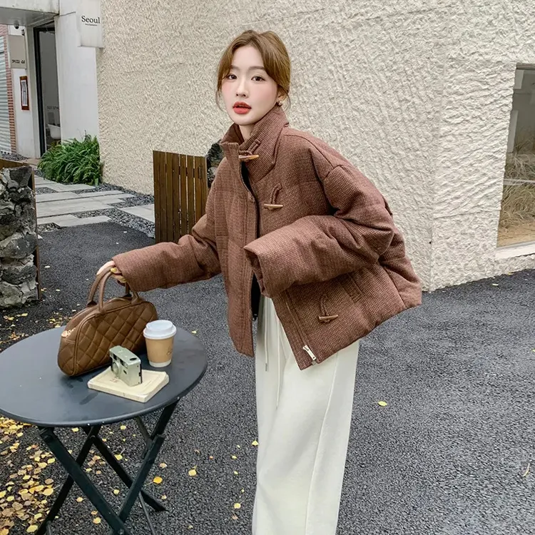 小个子咖色美拉德格子加厚白鸭绒羽绒服外套新款牛角扣短款面包服