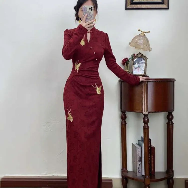 2025秋加厚新中式秋冬优雅修身收腰气质大气旗袍连衣裙黑色旗袍