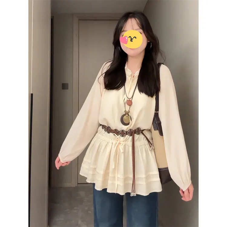  2025春季新款韩系v领长袖衬衫女秋季新款防晒衬衣高级感收腰上衣