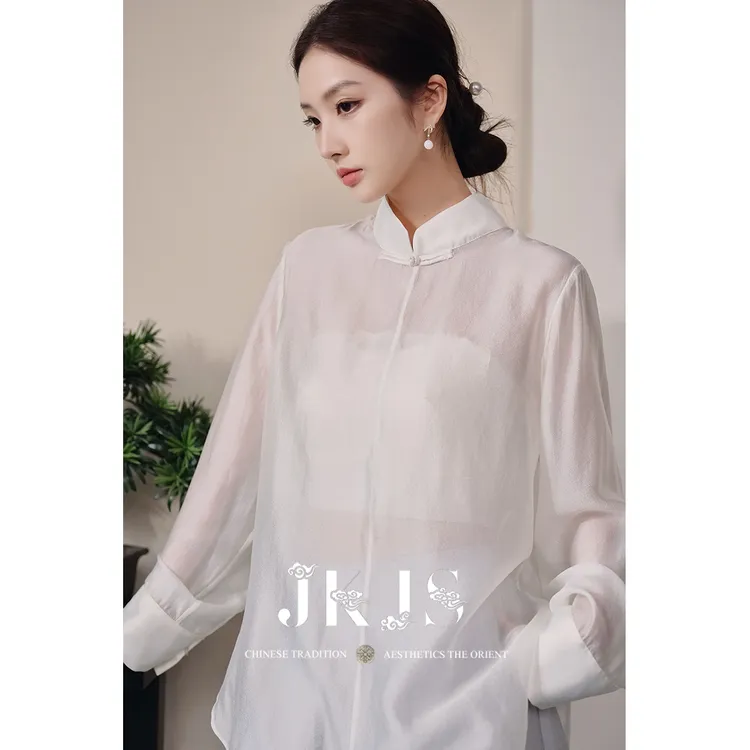 JKJS【指尖纱】雾感人丝盘扣衬衫2025新款新中式轻薄微透上衣