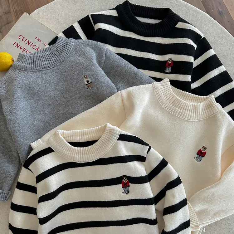 儿童加绒水貂毛衣2025秋冬男童条纹小熊男女宝宝高领针织毛衣