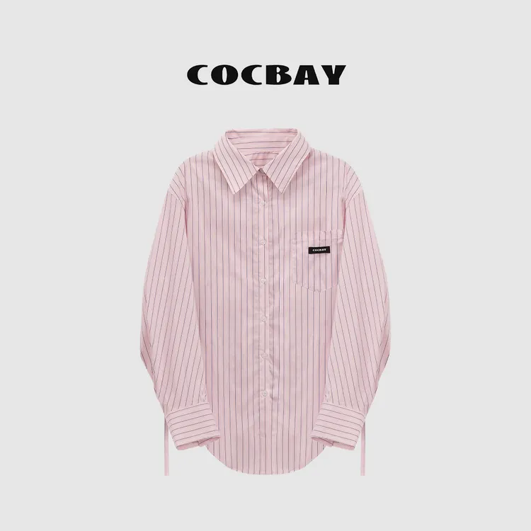 COCBAY-Urban Drift|夏日清爽翻绑带领竖条纹小众宽松衬衫YC0003