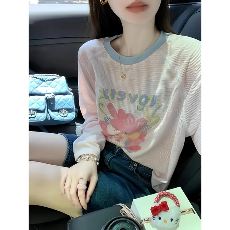 多巴胺粉色印花针织冰丝防晒长袖T恤女春秋空调衫独特超好看上衣