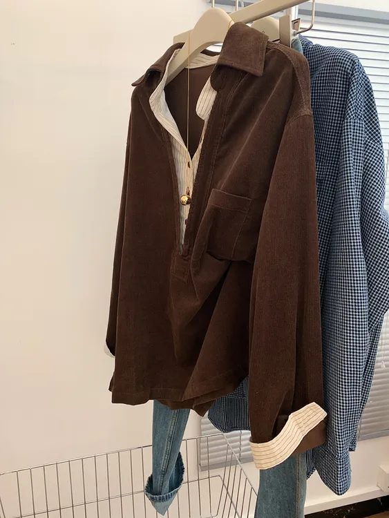 咖色拼接条纹假两件韩版中长款衬衫女2026新款巨好看的早秋上衣