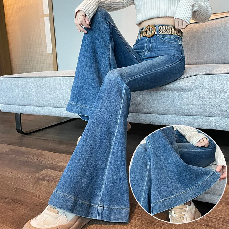 蜜蜜穿搭加绒加厚鱼尾喇叭牛仔裤女2025冬季修身大摆阔腿拖地长裤