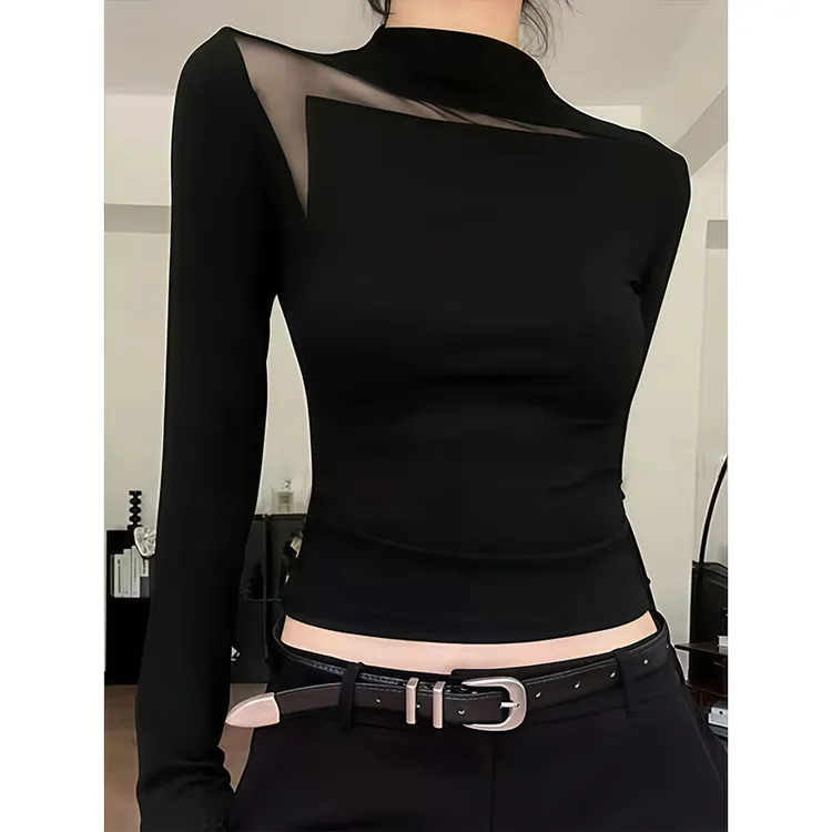 辣妹简约镂空网纱拼接长袖T恤女装秋季新款纯欲修身显瘦百搭上衣