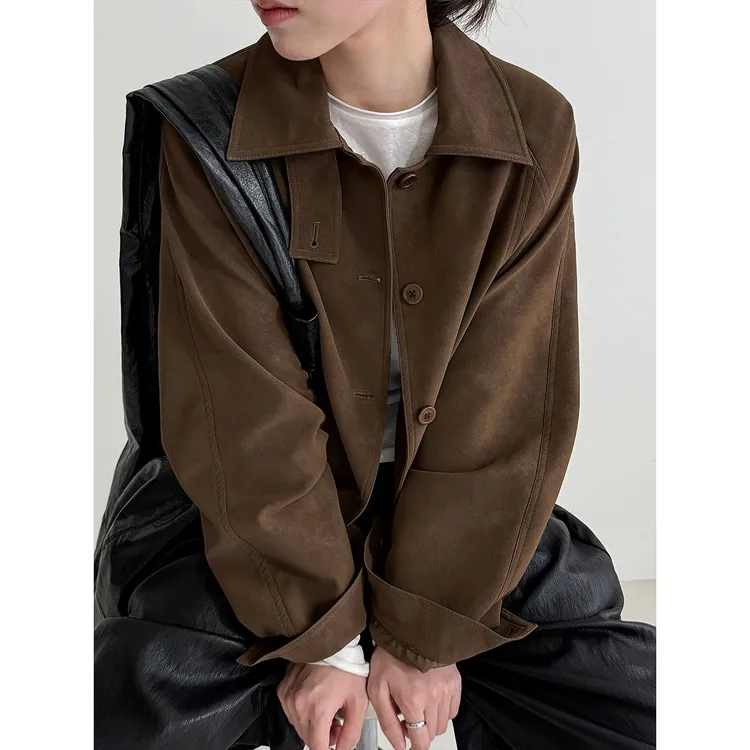 复古美拉德咖色麂皮绒设计感夹克女秋新款宽松pu皮衣外套