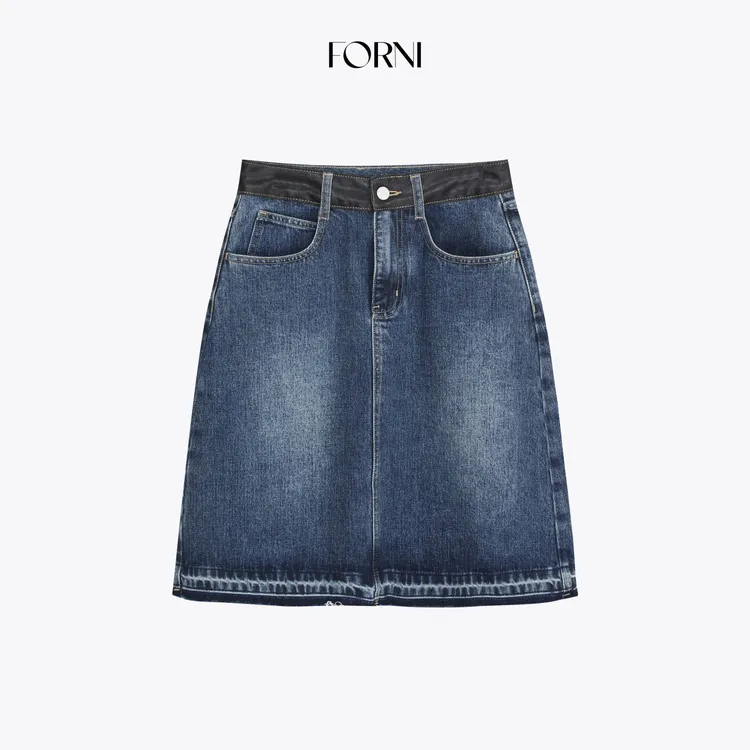 FORNI 买手店牛仔 古着VTG拼接皮革水洗猫须牛仔半身裙