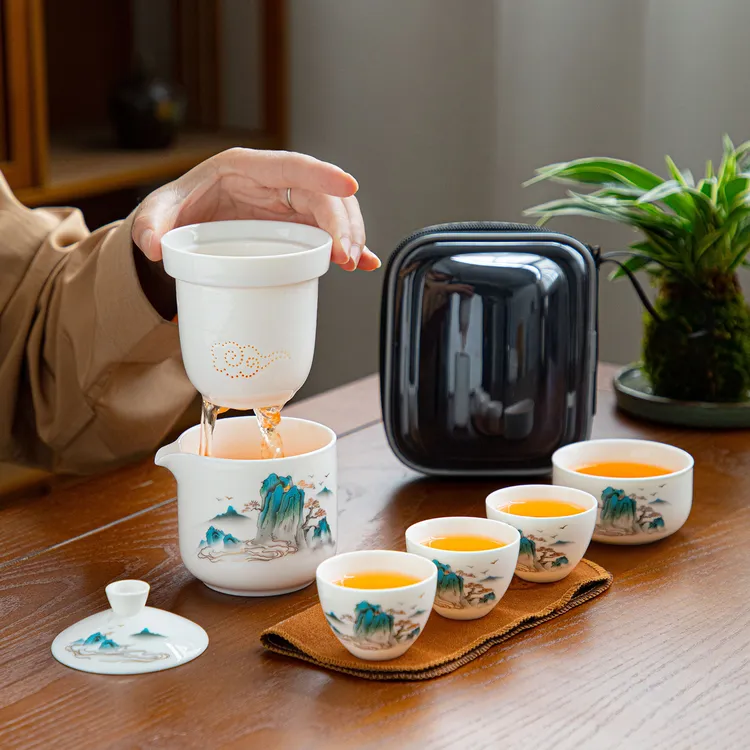 羊脂玉白瓷迎客山水旅行功夫茶具户外便捷泡茶壶主人杯三茶杯套装