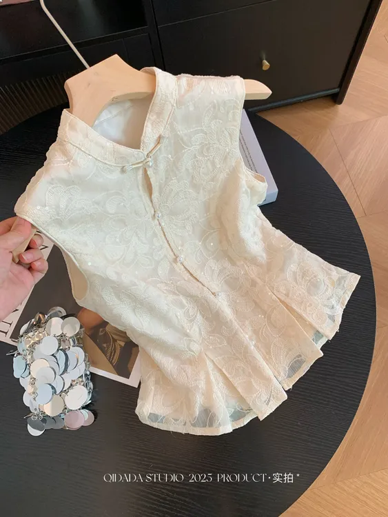 夏季新款新中式刺绣无袖衬衫女收腰小个子短款气质高级感百搭上衣