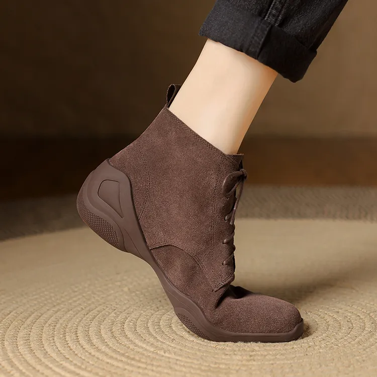 牛皮断码清仓真皮磨砂皮系带短靴女平底舒适单靴秋冬季坡跟马丁靴