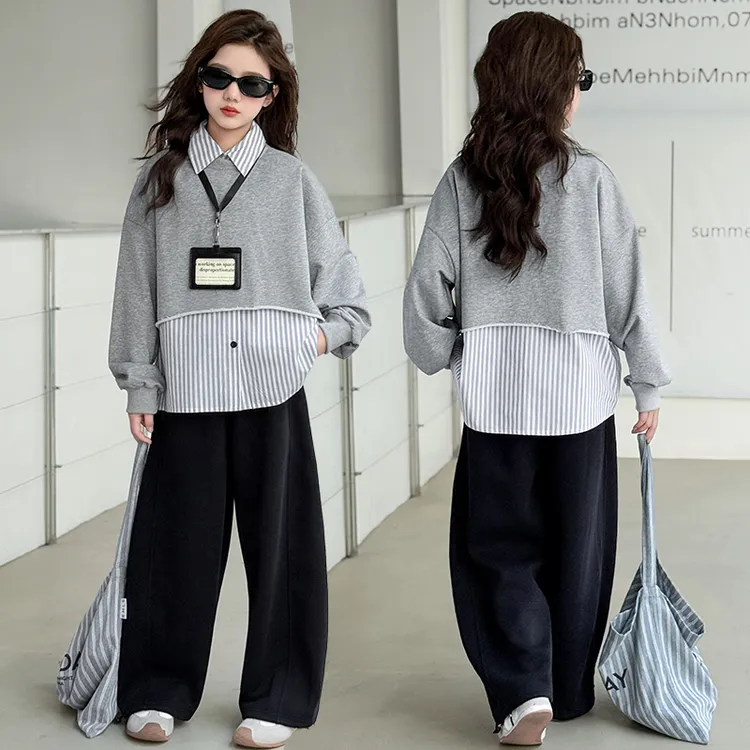 女童春秋款套装新款中大儿童洋气时髦学院风假两件卫衣卫裤两件套