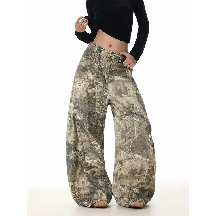 美式街头字母刺绣树枝迷彩工装裤男女宽松休闲设计感阔腿弯刀长裤