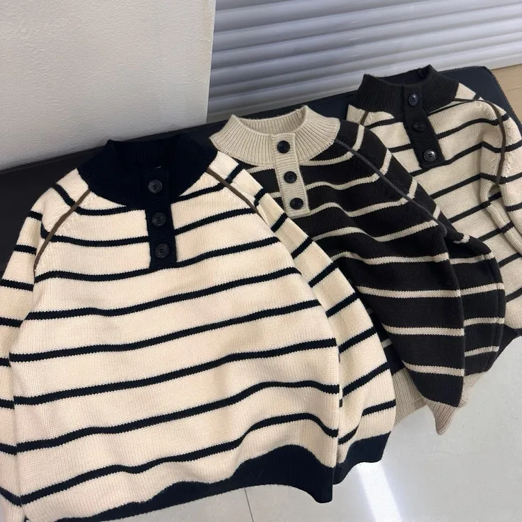 男童新款毛衣秋冬款2025新款男女童立领条纹针织衫洋气上衣冬装