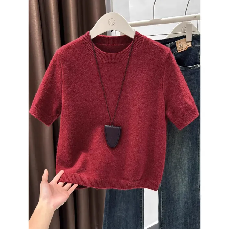 芯娇晴巨好看酒红色圆领针织衫女宽松显瘦短袖毛衣正肩t恤上衣秋