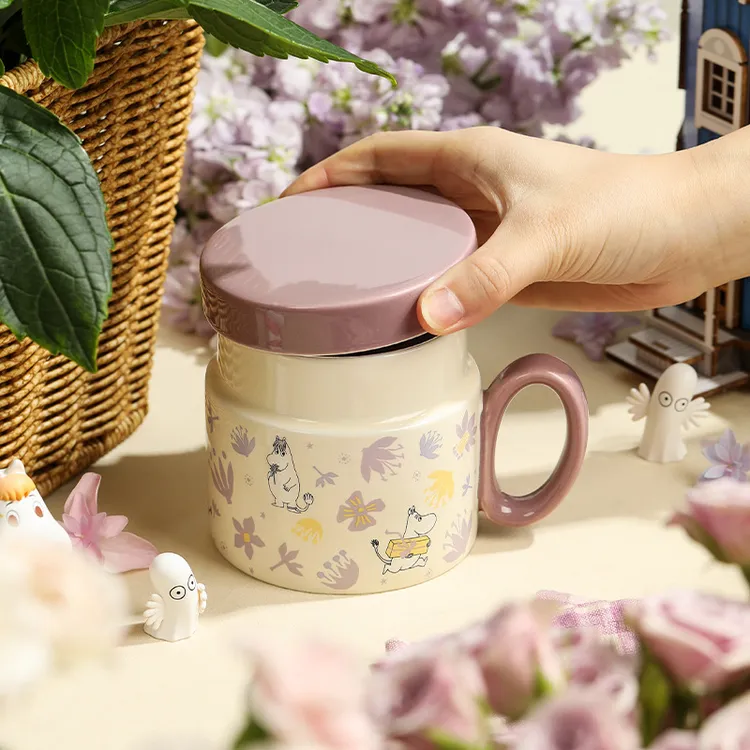 蓝莲花moomin姆明联名家用情侣大容量陶瓷带盖喝水杯 01355