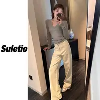 99030#【特价】Xoxo高货100%棉白牛仔裤女 YKK拉链直筒阔腿拖地裤