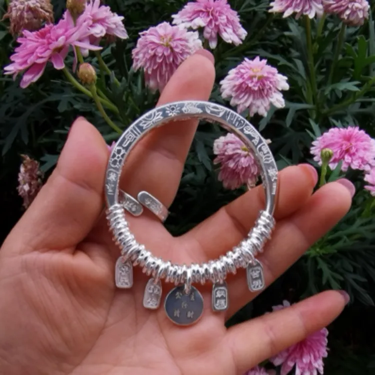足银手镯 足银9999时尚四方吉言盘缠宫廷民族风手镯
