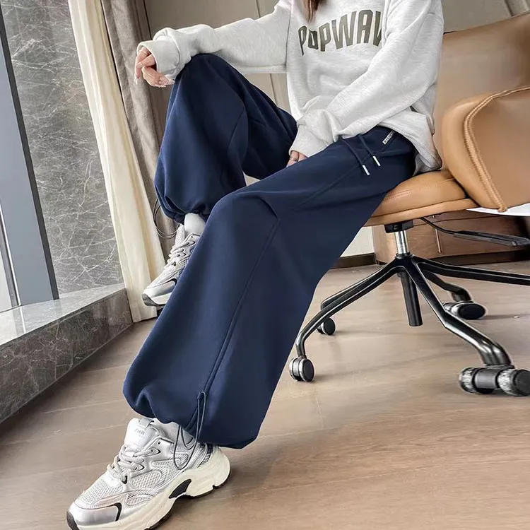 蓝色美式运动裤女春秋2025年新款宽松显瘦灯笼裤高腰抽绳束脚裤子