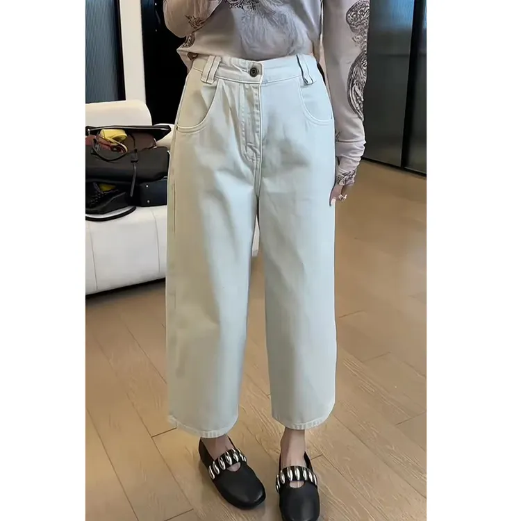 白色宽松直筒牛仔裤女2025春夏新款大码显瘦遮肉八分阔腿奶奶裤子