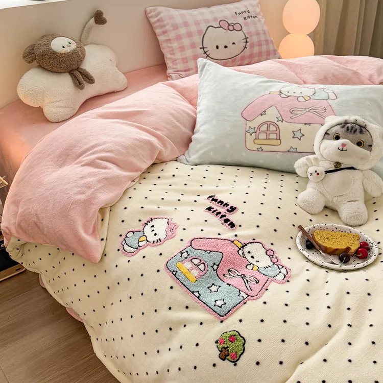 甜心波点猫冬季牛奶绒双面绒床上四件套新款加厚保暖被套床单床笠