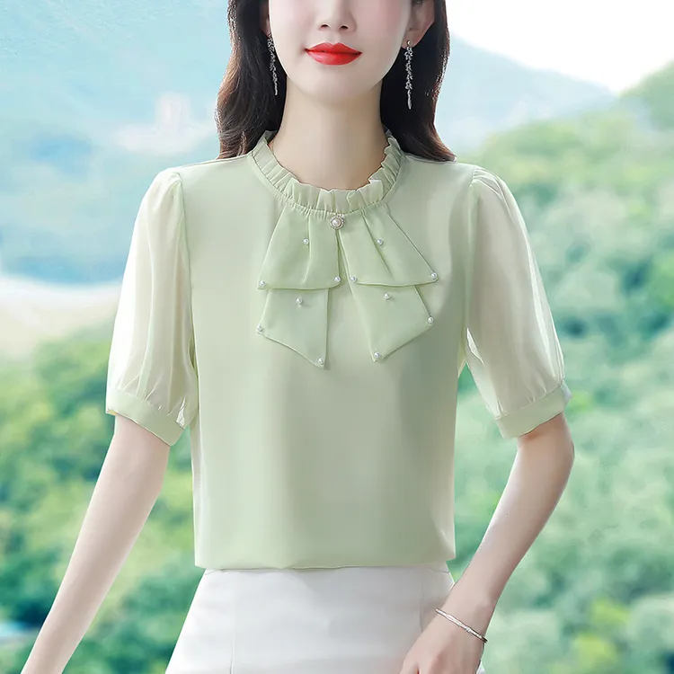衬衫女短袖夏季新款洋气小衫女士时尚飘带钉珠上衣