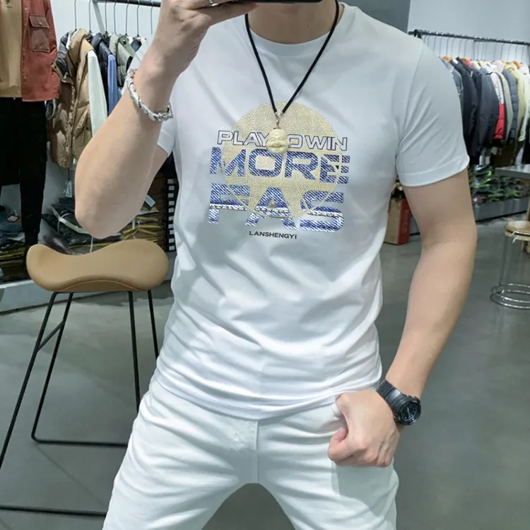 男士半袖t恤男士夏季潮流修身印花韩版时尚百搭男款船领巴斯克