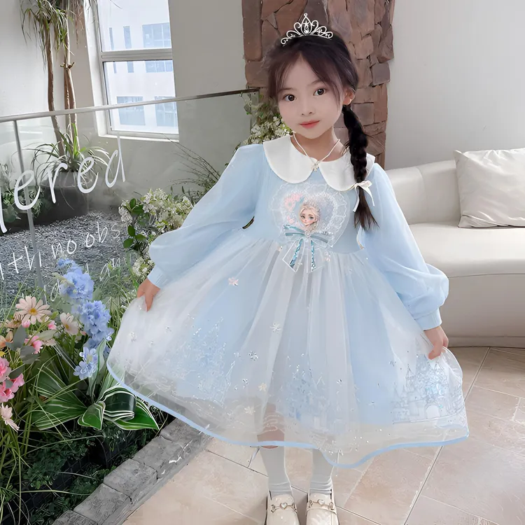 娃娃领城堡艾莎连衣裙中小女童秋季长袖裙子女宝公主裙网纱裙