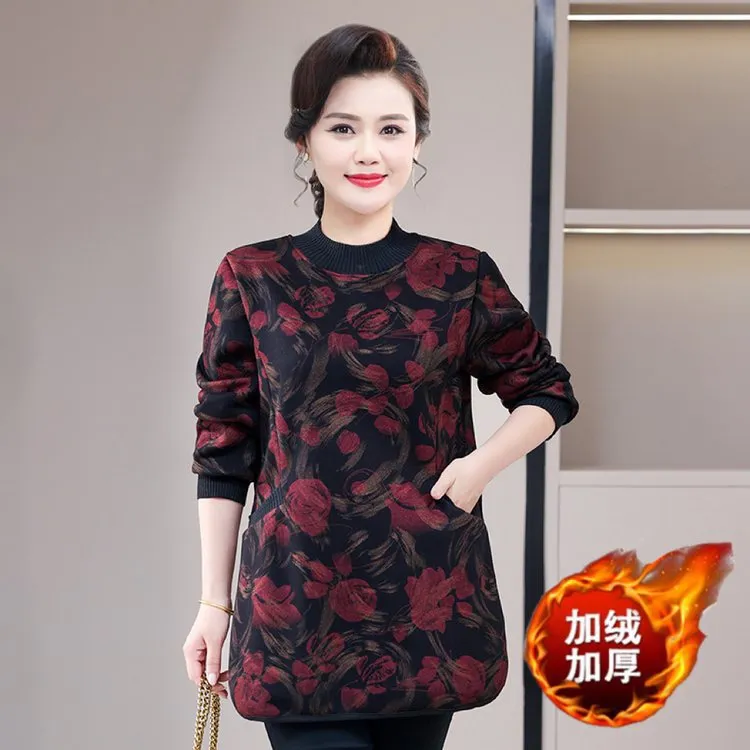 秋冬加厚T恤圆领中老年女装中老年加绒T恤加绒中年长袖妈妈装
