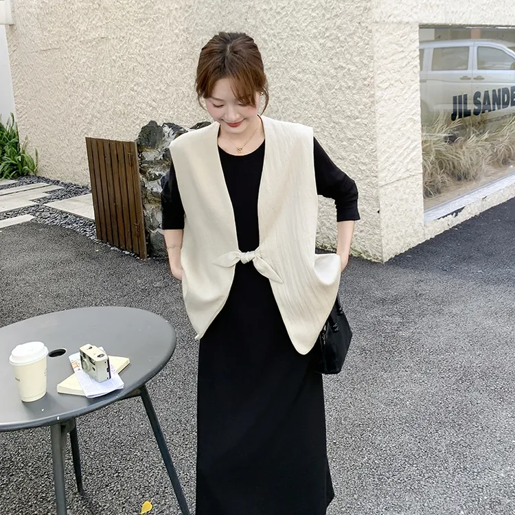蝴蝶结马甲黑色连衣裙套装女2025年秋季慵懒松弛感T恤长裙两件套