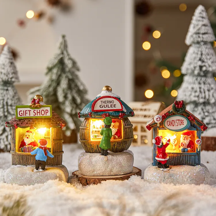 圣诞节装饰品老人发光卖报亭儿童礼物桌面小摆件造景雪屋拍照道具