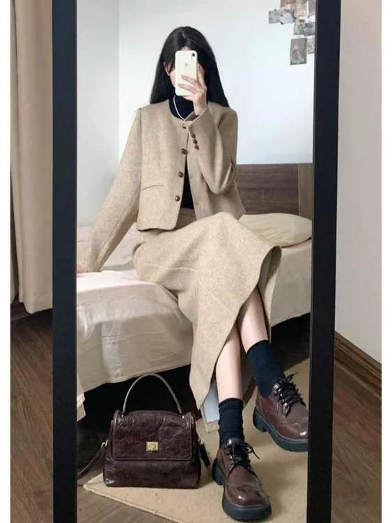 高个子复古小香风毛呢套装早秋气质圆领短款外套高腰半身裙两件套
