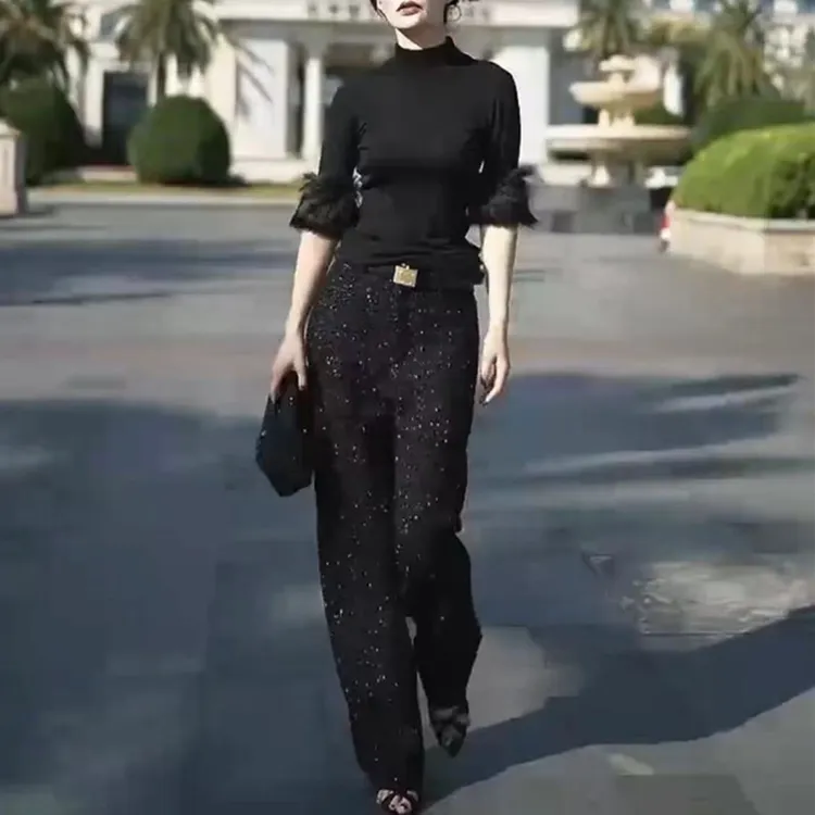 新款时尚长袖细闪阔腿裤高腰直筒长裤女装