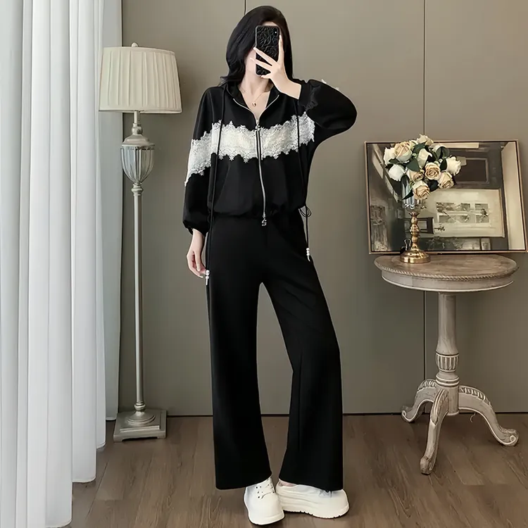 高含棉韩版休闲套装女2025年早秋新款宽松拉链开衫上衣长裤两件套