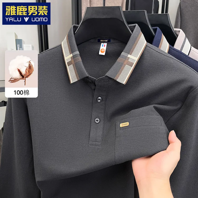 【100%纯棉】中年爸爸装口袋长袖t恤秋季新款休闲男装打底polo衫