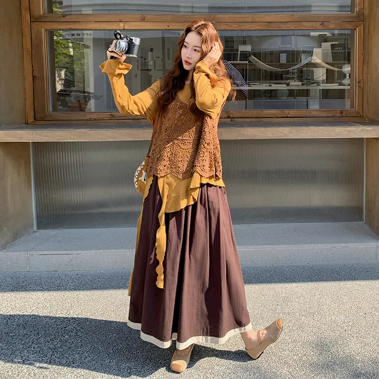 甜美减龄蕾丝罩衫T恤半身裙套装女2025秋冬新款爆款巨好看三件套