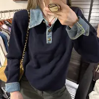 【思含】秋季新款翻领牛仔拼接针织套头毛衣