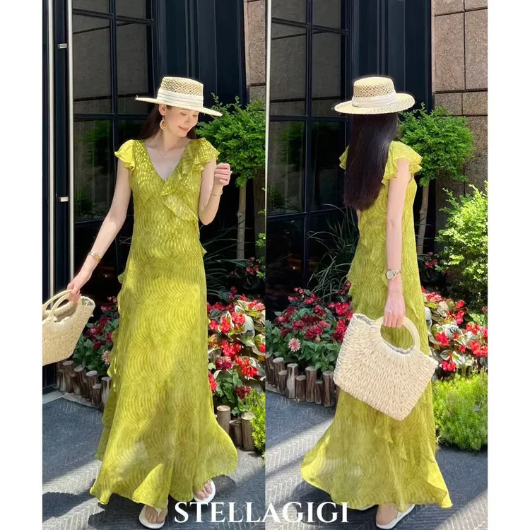 SG / 郭幂幂 SS 高定斜裁工艺！碎花荷叶边小飞袖连衣裙Q-20251539