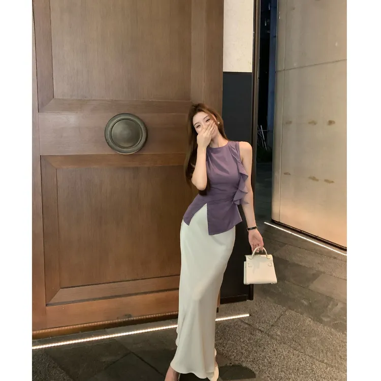 SZA【巴黎晚香玉】夏季新款韩系气质优雅斜边开叉背心上衣A-1932