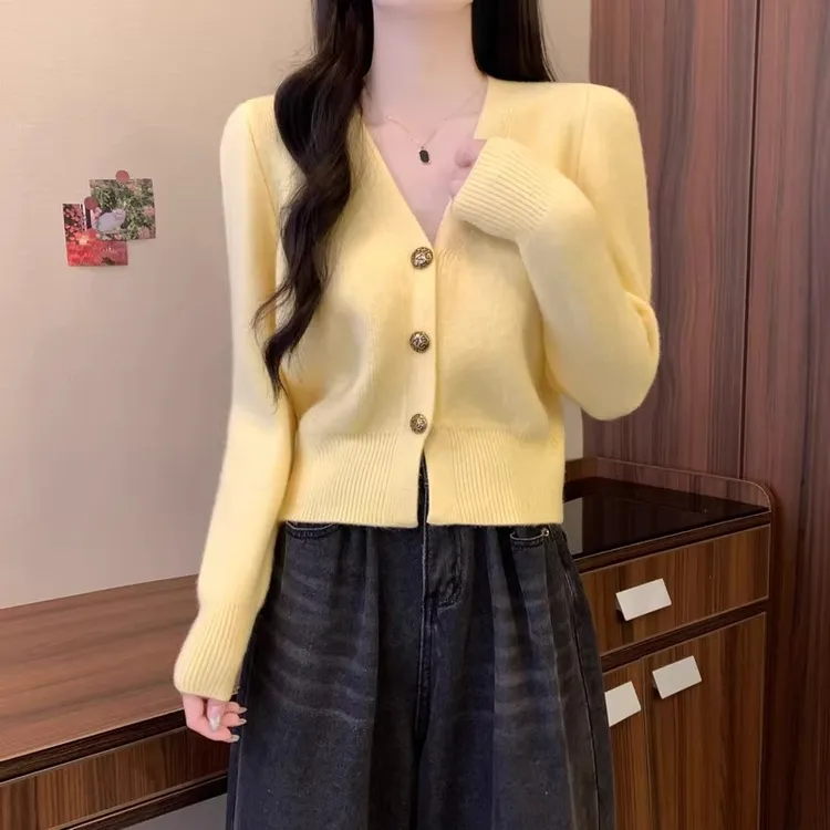 小香风V领短款针织开衫女2025秋冬季新款毛衣外套多巴胺长袖上衣