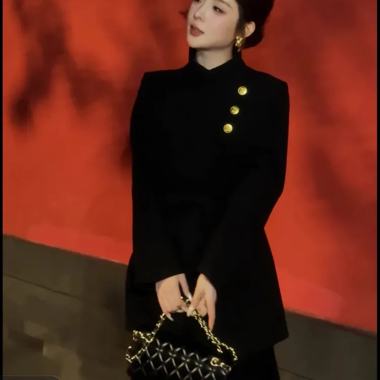 （星空呢）2025秋冬新款呢子大衣显瘦黑色郝本风西装高级感气质外套