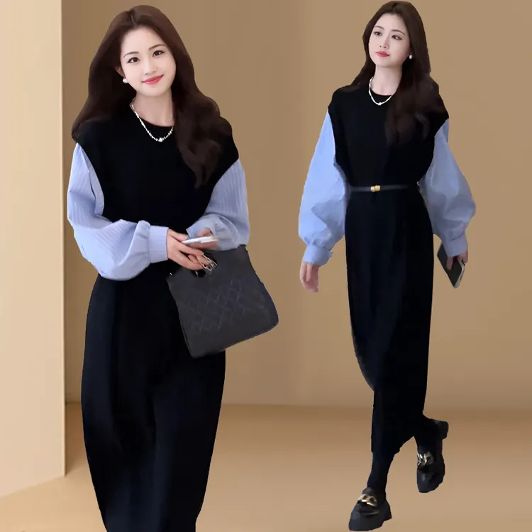 高级感韩系假两件拼接长袖连衣裙女春秋新款设计感小众宽松裙子潮