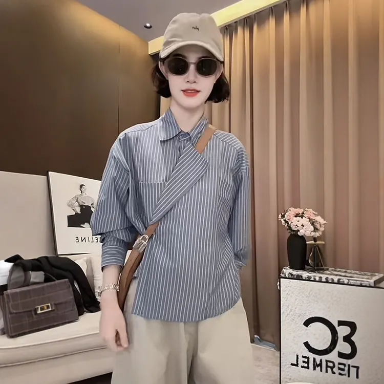 时尚设计感不规则条纹衬衫女装2025年早秋新款休闲显瘦巨好看上衣