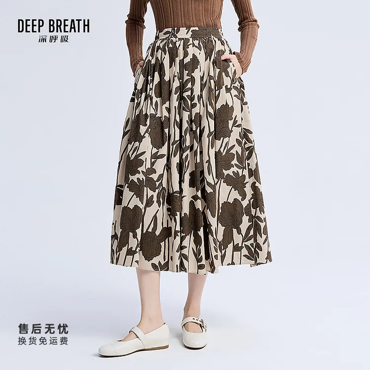 DEEP BREATH深呼吸女装新款复古早秋花色中长裙印花半身裙A200398