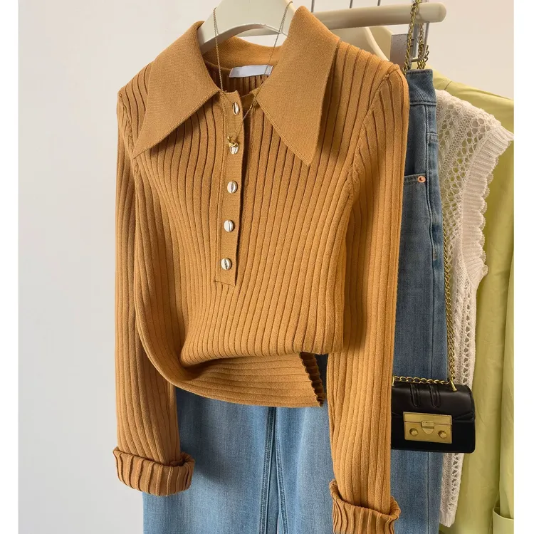 小香风气质针织衫女秋冬新款polo领毛衣宽松显瘦大码内搭打底上衣